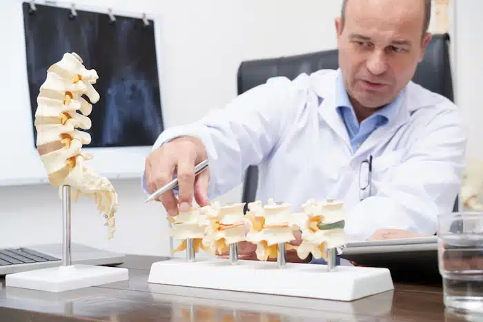 medical specialist explaining bulging disc | can a chiropractor help with a bulging disc